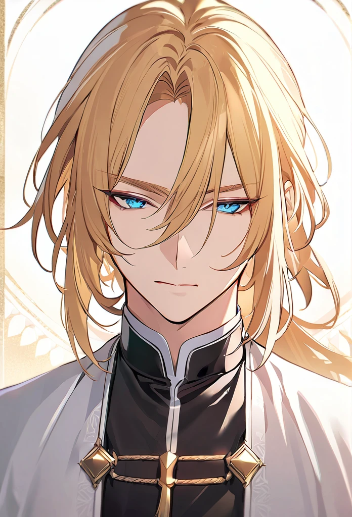 (Absurd, High resolution, Super detailed), 1 man, Adult,Create a very detailed anime-style illustration of a beautiful male priest. He is a priest, has flowing blond hair and sharp blue eyes. Intricate with gold tattoos that cover her upper body. It radiates a mysterious and seductive aura. The background should be simple and light, emphasizing the features of the character and emphasizing its ethereal and powerful presence. Use soft lighting to highlight the fine details and smooth textures of your hair and skin