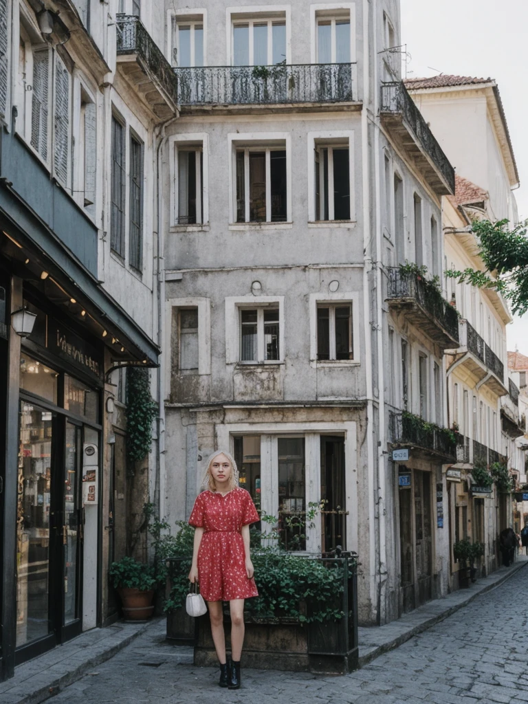 her name is Amelie, high quality, 1girl, ((25-year-old fit Caucasian woman)), ((25 years old)), ((BODY TYPE: HOURGLASS)), ((Grunge Bob blonde hair)), pose: standing, wearing SOPHISTICATED courant Generation-Z modern wear bright colored, BACKGROUND:  "Wandering through the vibrant Baixa district, with its grand squares, historic buildings, and lively shopping streets."
