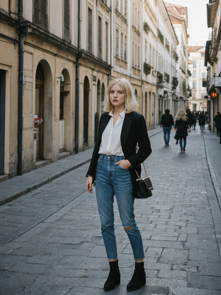 her name is Amelie, high quality, 1girl, ((25-year-old fit Caucasian woman)), ((25 years old)), ((BODY TYPE: HOURGLASS)), ((Grunge Bob blonde hair)), pose: standing, wearing SOPHISTICATED courant Generation-Z modern wear bright colored, BACKGROUND:  "Wandering through the vibrant Baixa district, with its grand squares, historic buildings, and lively shopping streets."