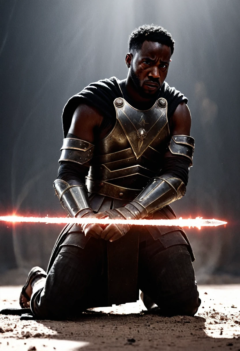 Side angle view A black African man on one knee head facing the ground, sword in it's sheath, explosive white light and particles in background, warzone with shields and torn armour all over the battlefield, sword and sandals epic, ridley scott movie, zach snyder movie, white particles shining a cinematic light providing a silhouette image of the black man, crafted with intricate details in Unreal Engine, Octane Engine, or Vray, evoking a sense of epic.