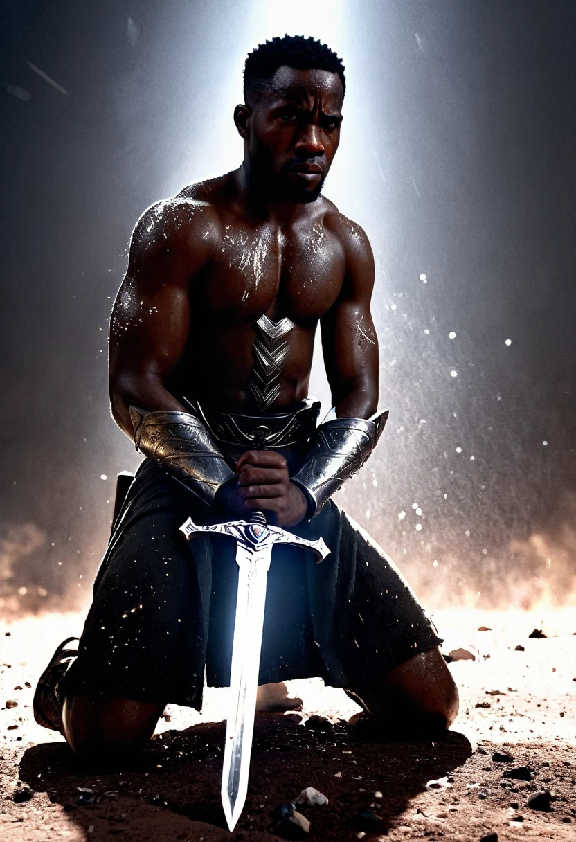 Side angle view A black African man on one knee head facing the ground, sword in it's sheath, explosive white light and particles in background, warzone with shields and torn armour all over the battlefield, sword and sandals epic, ridley scott movie, zach snyder movie, white particles shining a cinematic light providing a silhouette image of the black man, crafted with intricate details in Unreal Engine, Octane Engine, or Vray, evoking a sense of epic.