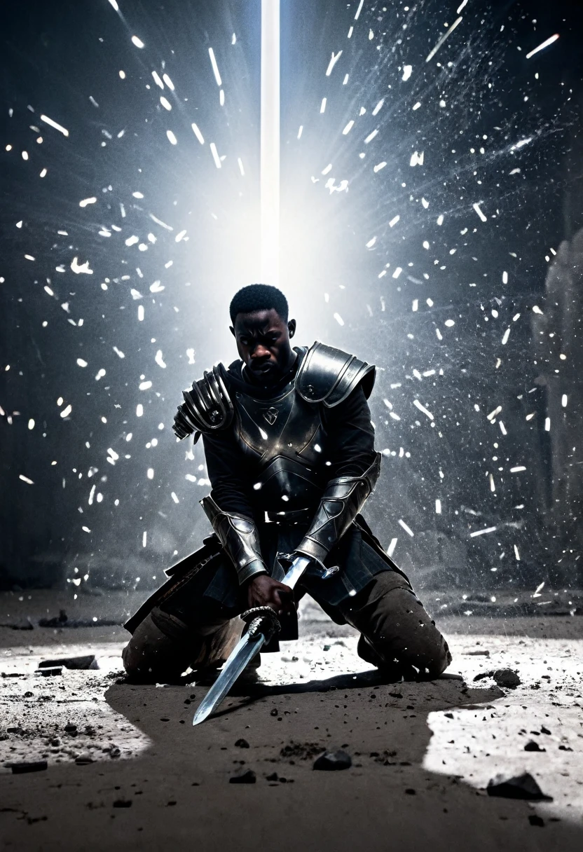 Side angle view A black African man on one knee head facing the ground, sword in it's sheath, explosive white light and particles in background, warzone with shields and torn armour all over the battlefield, sword and sandals epic, ridley scott movie, zach snyder movie, white particles shining a cinematic light providing a silhouette image of the black man, crafted with intricate details in Unreal Engine, Octane Engine, or Vray, evoking a sense of epic.