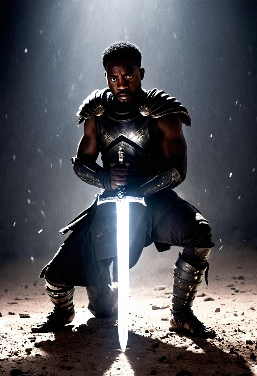 Side angle view A black African man on one knee head facing the ground, sword in it's sheath, explosive white light and particles in background, warzone with shields and torn armour all over the battlefield, sword and sandals epic, ridley scott movie, zach snyder movie, white particles shining a cinematic light providing a silhouette image of the black man, crafted with intricate details in Unreal Engine, Octane Engine, or Vray, evoking a sense of epic.