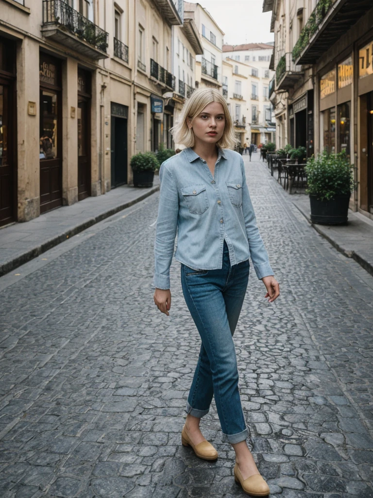 her name is Amelie, high quality, 1girl, ((25-year-old fit Caucasian woman)), ((25 years old)), ((BODY TYPE: HOURGLASS)), ((Grunge Bob blonde hair)), pose: standing, wearing SOPHISTICATED courant Generation-Z modern wear bright colored, BACKGROUND: "Wandering through the vibrant Baixa district, with its grand squares, historic buildings, and lively shopping streets."