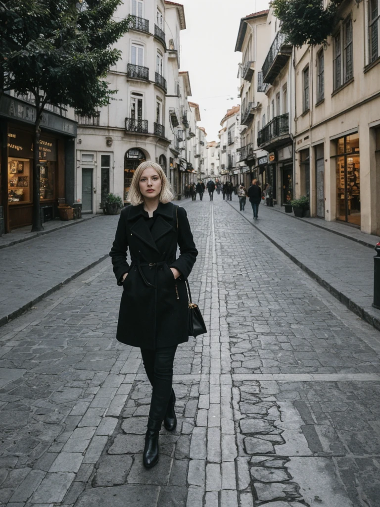 her name is Amelie, high quality, 1girl, ((25-year-old fit Caucasian woman)), ((25 years old)), ((BODY TYPE: HOURGLASS)), ((Grunge Bob blonde hair)), pose: standing, wearing SOPHISTICATED courant Generation-Z modern wear bright colored, BACKGROUND: "Wandering through the vibrant Baixa district, with its grand squares, historic buildings, and lively shopping streets."