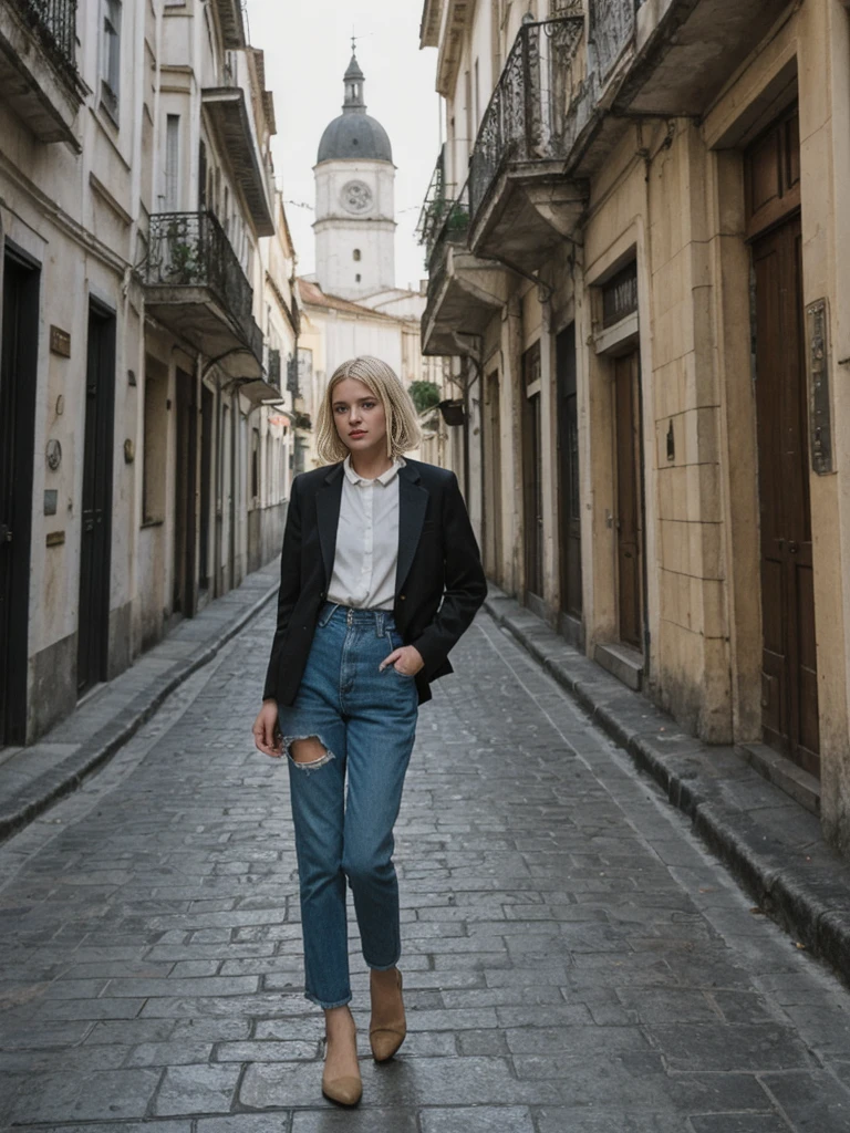 her name is Amelie, high quality, 1girl, ((25-year-old fit Caucasian woman)), ((25 years old)), ((BODY TYPE: HOURGLASS)), ((Grunge Bob blonde hair)), pose: standing, wearing SOPHISTICATED courant Generation-Z modern wear bright colored, BACKGROUND: "Wandering through the vibrant Baixa district, with its grand squares, historic buildings, and lively shopping streets."