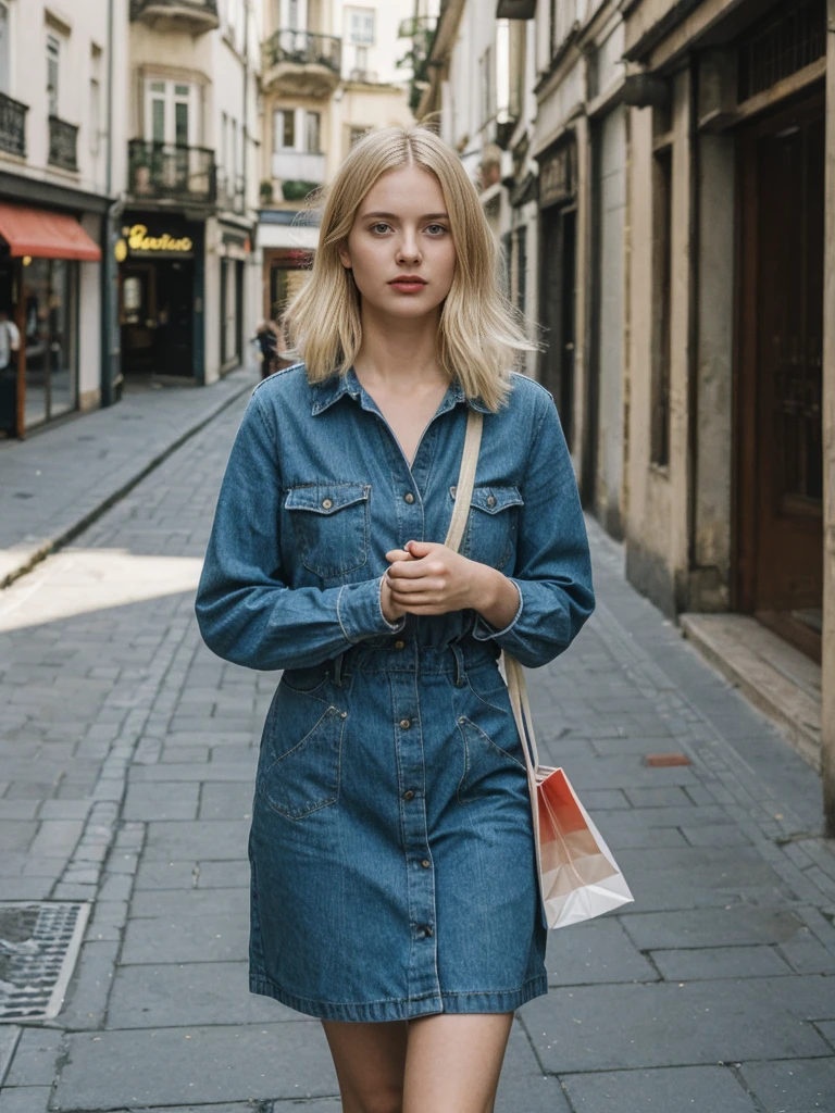 her name is Amelie, high quality, 1girl, ((25-year-old fit Caucasian woman)), ((25 years old)), ((BODY TYPE: HOURGLASS)), ((Grunge Bob blonde hair)), pose: standing, wearing SOPHISTICATED courant Generation-Z modern wear bright colored, BACKGROUND:  "Wandering through the vibrant Baixa district, with its grand squares, historic buildings, and lively shopping streets."