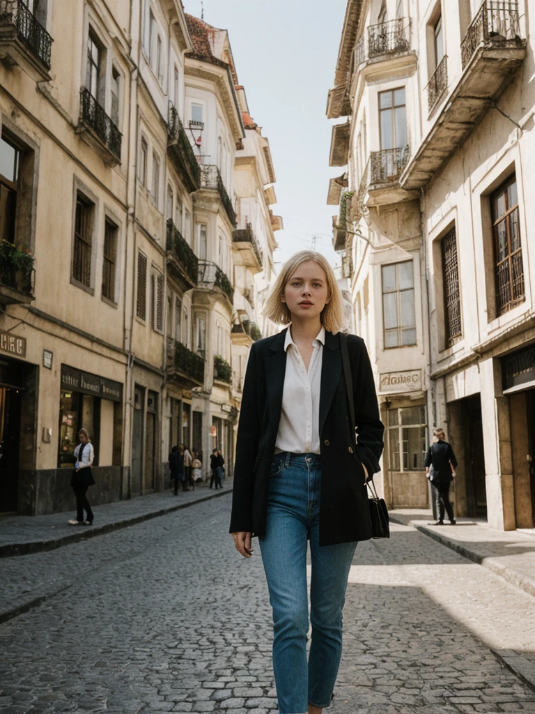 her name is Amelie, high quality, 1girl, ((25-year-old fit Caucasian woman)), ((25 years old)), ((BODY TYPE: HOURGLASS)), ((Grunge Bob blonde hair)), pose: standing, wearing SOPHISTICATED courant Generation-Z modern wear bright colored, BACKGROUND: "Wandering through the vibrant Baixa district, with its grand squares, historic buildings, and lively shopping streets."