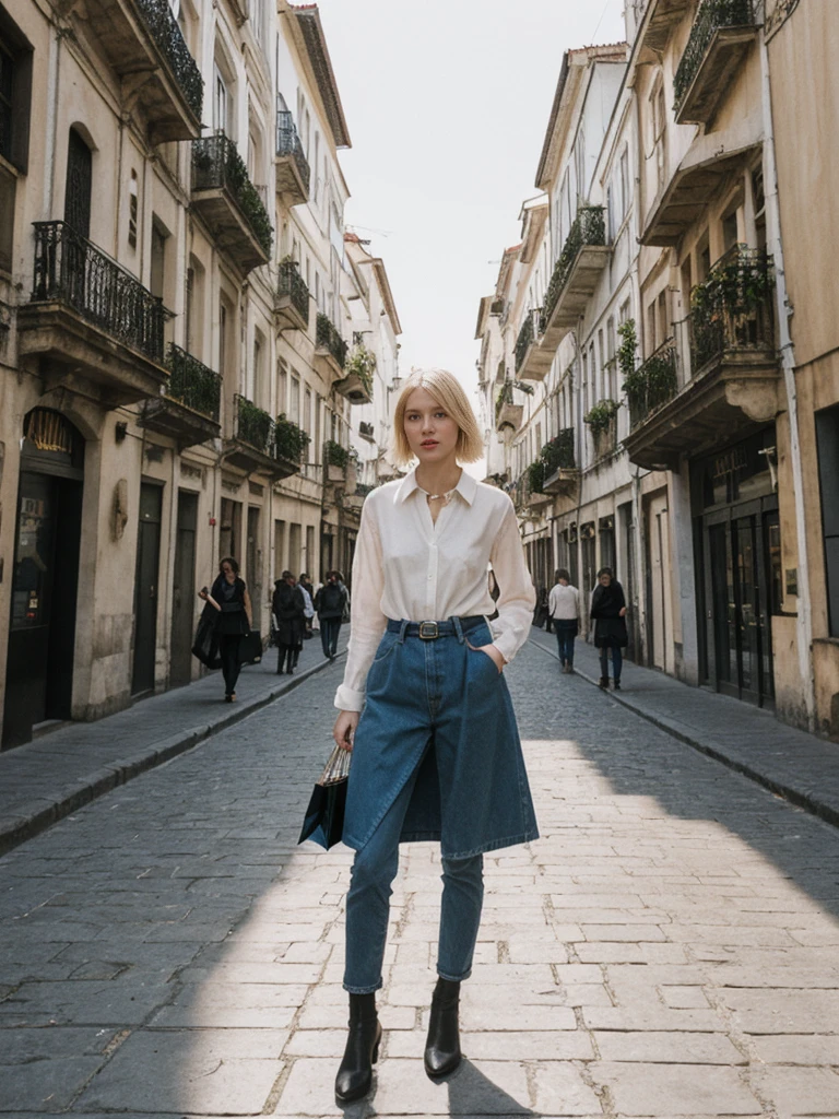 her name is Amelie, high quality, 1girl, ((25-year-old fit Caucasian woman)), ((25 years old)), ((BODY TYPE: HOURGLASS)), ((Grunge Bob blonde hair)), pose: standing, wearing SOPHISTICATED courant Generation-Z modern wear bright colored, BACKGROUND:  "Wandering through the vibrant Baixa district, with its grand squares, historic buildings, and lively shopping streets."