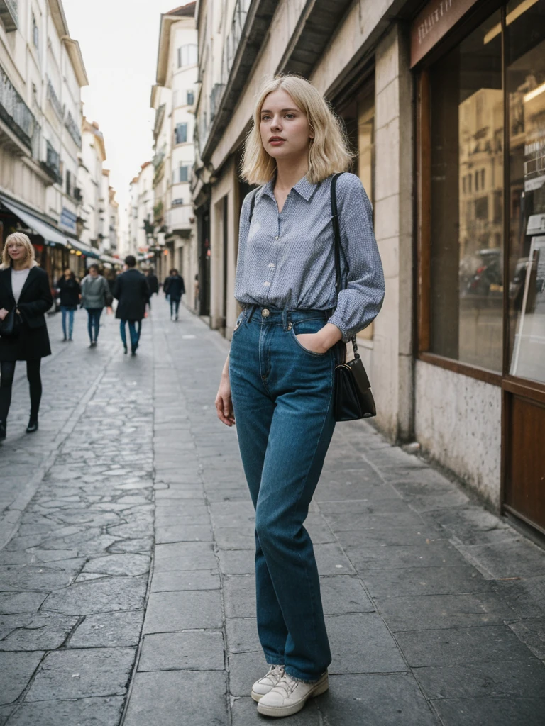 her name is Amelie, high quality, 1girl, ((25-year-old fit Caucasian woman)), ((25 years old)), ((BODY TYPE: HOURGLASS)), ((Grunge Bob blonde hair)), pose: standing, wearing SOPHISTICATED courant Generation-Z modern wear bright colored, BACKGROUND: "Wandering through the vibrant Baixa district, with its grand squares, historic buildings, and lively shopping streets."