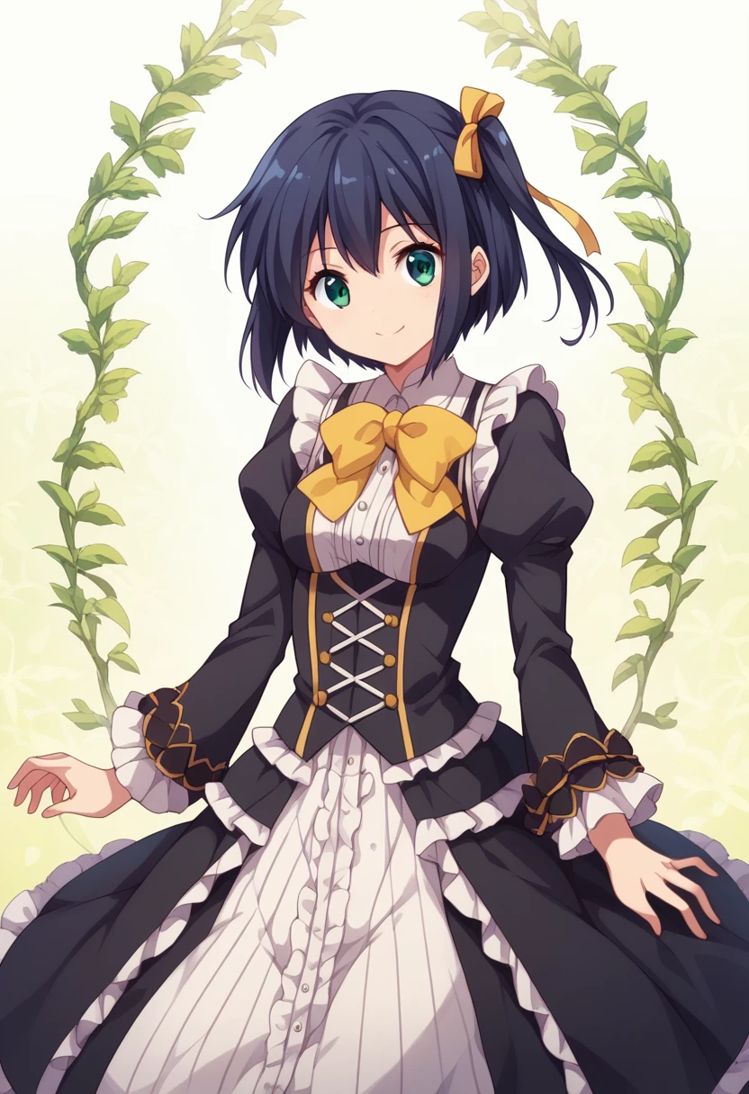 1girl, takanashi rikka, short hair, one side up, black hair, green eyes, yellow hair ribbon, yellow and black ****ta dress, yellow bowtie, frills, kneeling, (Cowboy Shot:1. 5) , BREAK (masterpiece:1.2), Highest quality, High resolution, unity 8k wallpaper, (shape:0.8), (Beautiful and beautiful eyes:1.6), Highly detailed face, Perfect lighting, Extremely detailed CG, (Perfect hands, Perfect Anatomy),dynamic pose, >_<, smile,