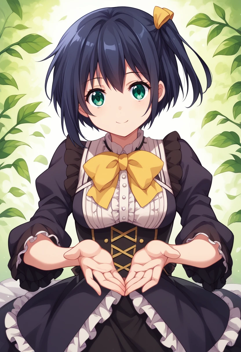 1girl, takanashi rikka, short hair, one side up, black hair, green eyes, yellow hair ribbon, yellow and black lolita dress, yellow bowtie, frills, kneeling, (Cowboy Shot:1. 5) , BREAK (masterpiece:1.2), Highest quality, High resolution, unity 8k wallpaper, (shape:0.8), (Beautiful and beautiful eyes:1.6), Highly detailed face, Perfect lighting, Extremely detailed CG, (Perfect hands, Perfect Anatomy),dynamic pose, >_<, smile,