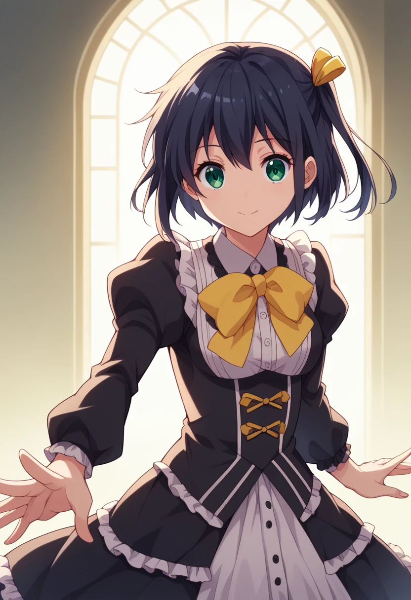 1girl, takanashi rikka, short hair, one side up, black hair, green eyes, yellow hair ribbon, yellow and black ****ta dress, yellow bowtie, frills, kneeling, (Cowboy Shot:1. 5) , BREAK (masterpiece:1.2), Highest quality, High resolution, unity 8k wallpaper, (shape:0.8), (Beautiful and beautiful eyes:1.6), Highly detailed face, Perfect lighting, Extremely detailed CG, (Perfect hands, Perfect Anatomy),dynamic pose, >_<, smile,