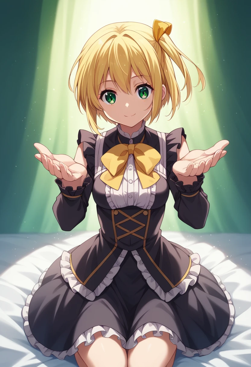 1girl, takanashi rikka, short hair, one side up, black hair, green eyes, yellow hair ribbon, yellow and black lolita dress, yellow bowtie, frills, kneeling, (Cowboy Shot:1. 5) , BREAK (masterpiece:1.2), Highest quality, High resolution, unity 8k wallpaper, (shape:0.8), (Beautiful and beautiful eyes:1.6), Highly detailed face, Perfect lighting, Extremely detailed CG, (Perfect hands, Perfect Anatomy),dynamic pose, >_<, smile,