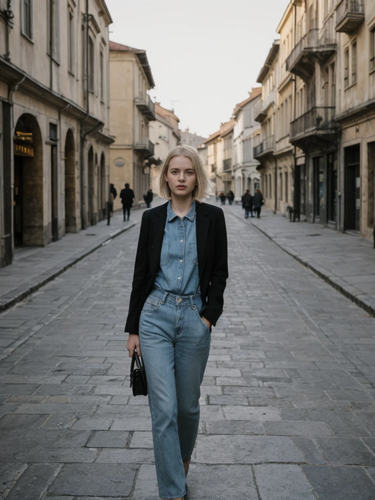 her name is Amelie, high quality, 1girl, ((25-year-old fit Caucasian woman)), ((25 years old)), ((BODY TYPE: HOURGLASS)), ((Grunge Bob blonde hair)), pose: standing, wearing SOPHISTICATED courant Generation-Z modern wear bright colored, BACKGROUND: "Walking through the elegant Georgian Quarter, with its historic buildings, beautiful parks, and cultural institutions."