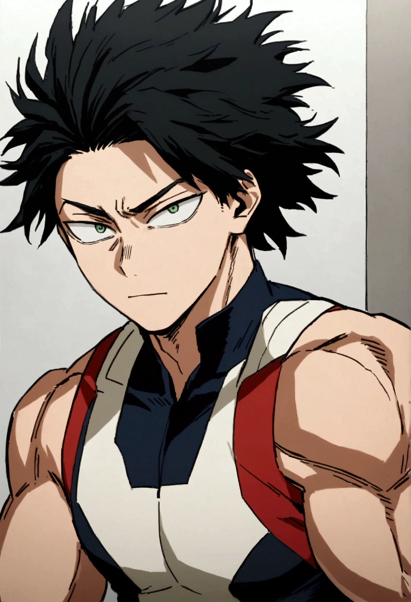  He is a , He has slightly disheveled very black hair..., somewhat light green eyes, , muscular body , sexy face, He is dressed in the anime uniform. "my hero academia", mocking face 