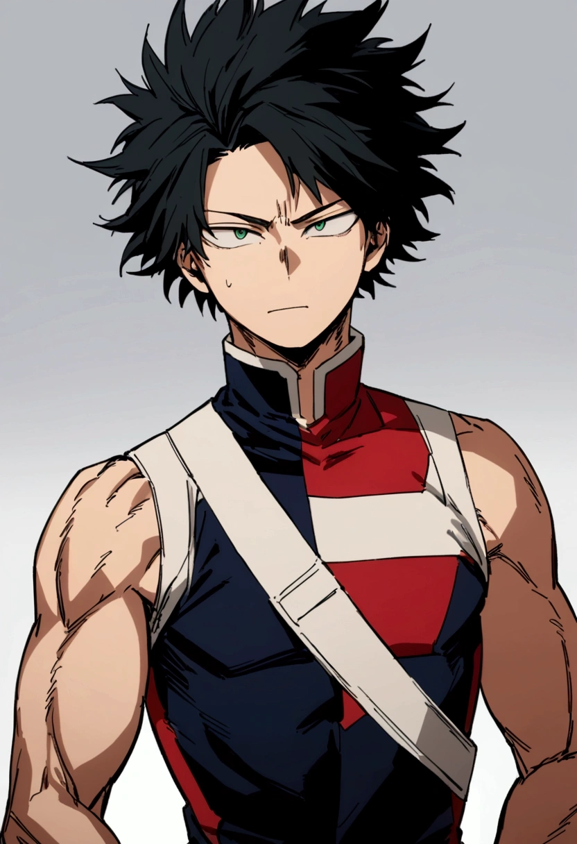  He is a 17 year old teenager, He has slightly disheveled very black hair..., somewhat light green eyes, , muscular body , sexy face, He is dressed in the anime uniform. "my hero academia", mocking face 