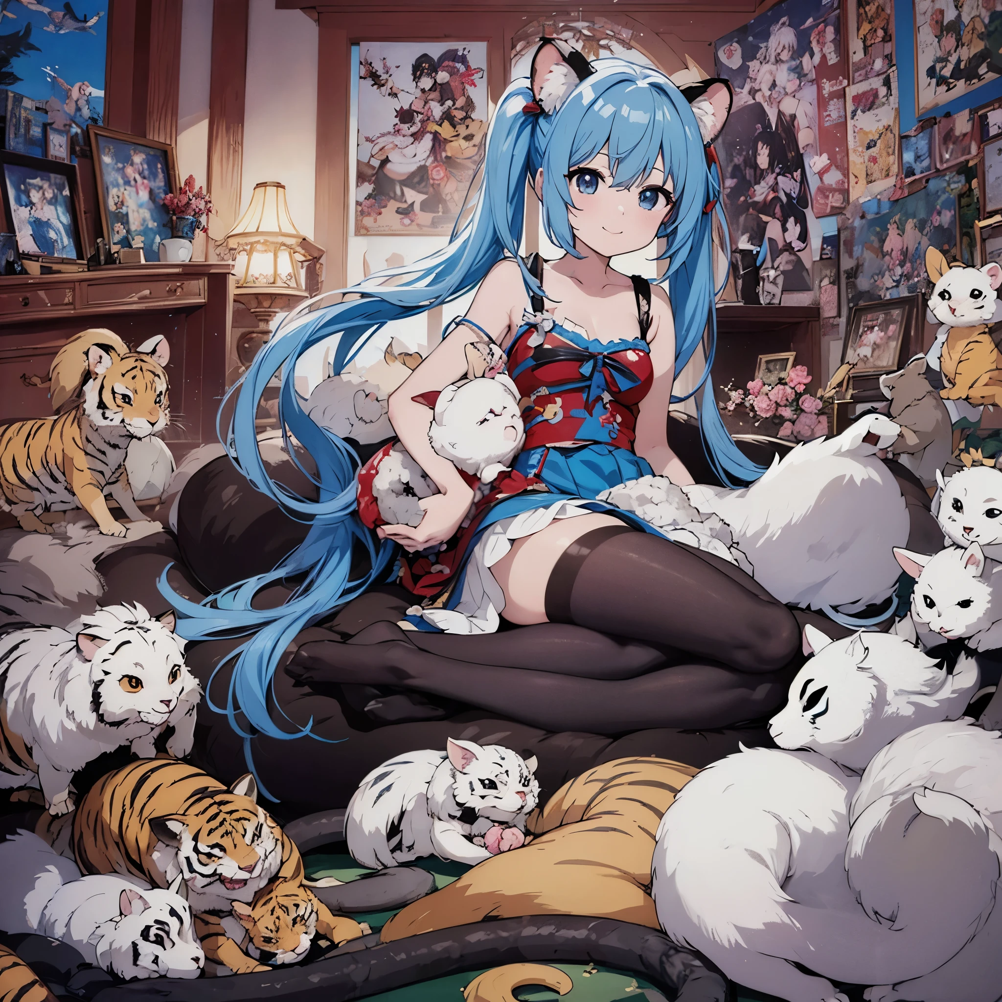 Anime girl sitting on a pile of animals in her room, Light blue long hair、Twin tails 、Bright smile、Tiger dragon mouse or rat ox Rabbit snake sheep dog pig monkey bird horse Anime fantasy illustration,
