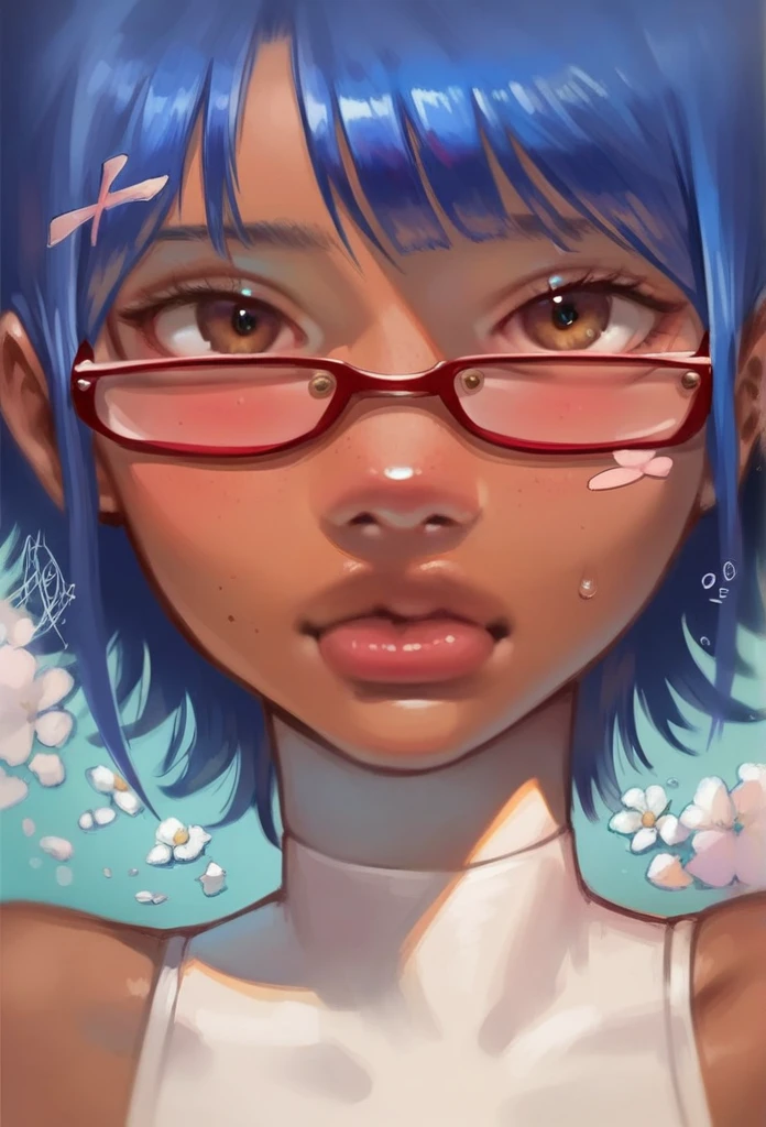 1girl, Anime girl with blue hair and bangs with glasses with beautiful tanned skin looking at the camera anime girl, pale skin, detailed background, detailed face shot (masterpiece, high quality:1),