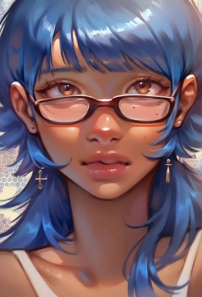 1girl, Anime girl with blue hair and bangs with glasses with beautiful tanned skin looking at the camera anime girl, pale skin, detailed background, detailed face shot (masterpiece, high quality:1),