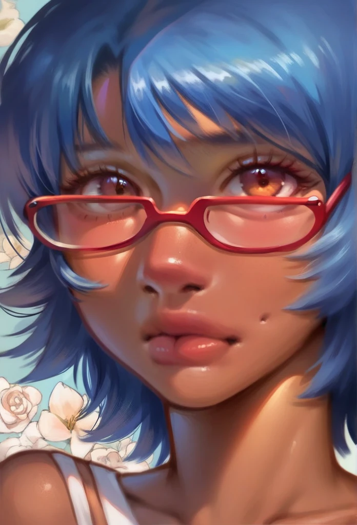 1girl, Anime girl with blue hair and bangs with glasses with beautiful tanned skin looking at the camera anime girl, pale skin, detailed background, detailed face shot (masterpiece, high quality:1),