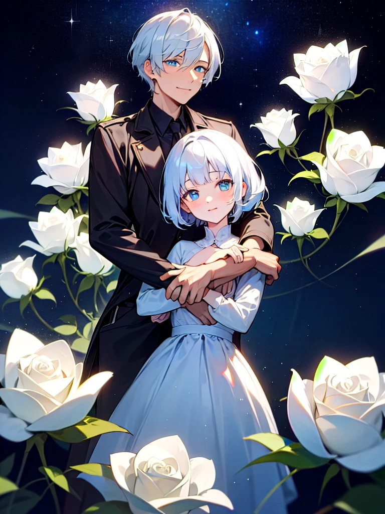 Ultra Quality art,Ultra high res,Under starry night sky A detective with shining blue eyes short white hair carry a white rose with a smile and surrounded by beautiful dreamy flower art, resonance art,