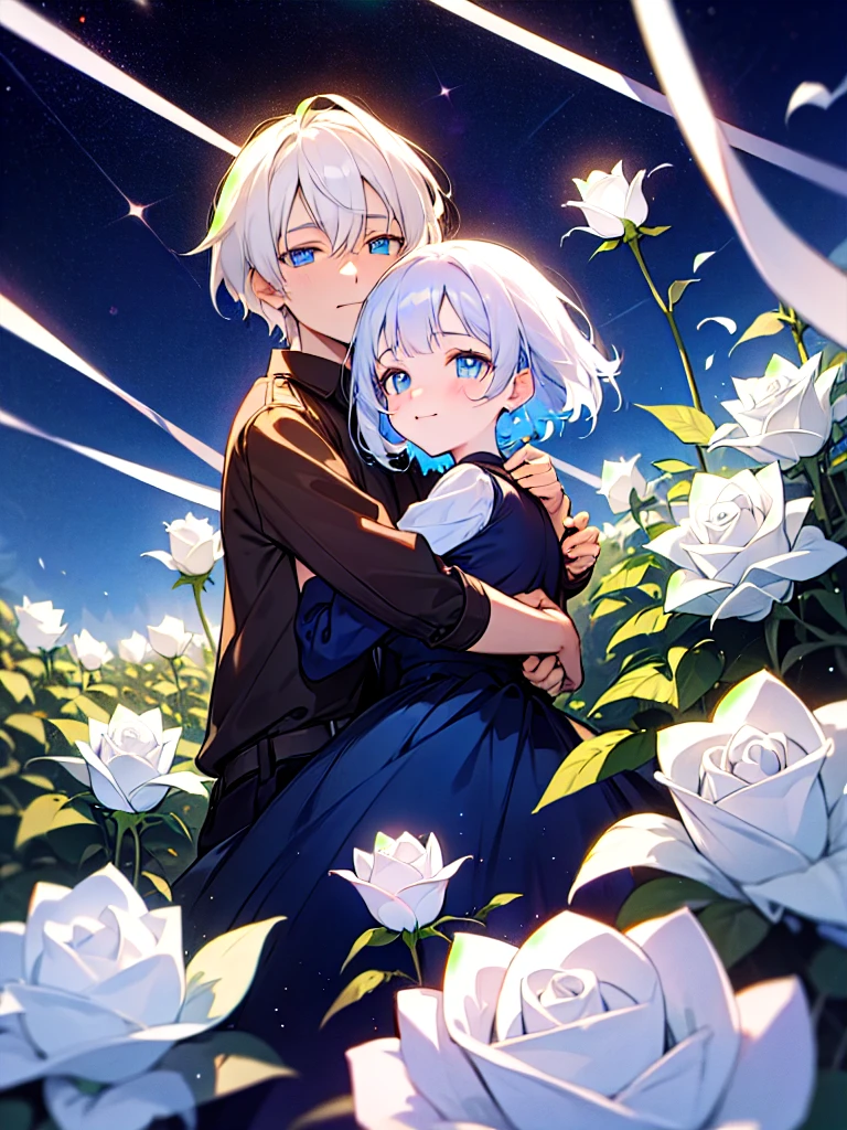 Ultra Quality art,Ultra high res,Under starry night sky A detective with shining blue eyes short white hair carry a white rose with a smile and surrounded by beautiful dreamy flower art, resonance art,