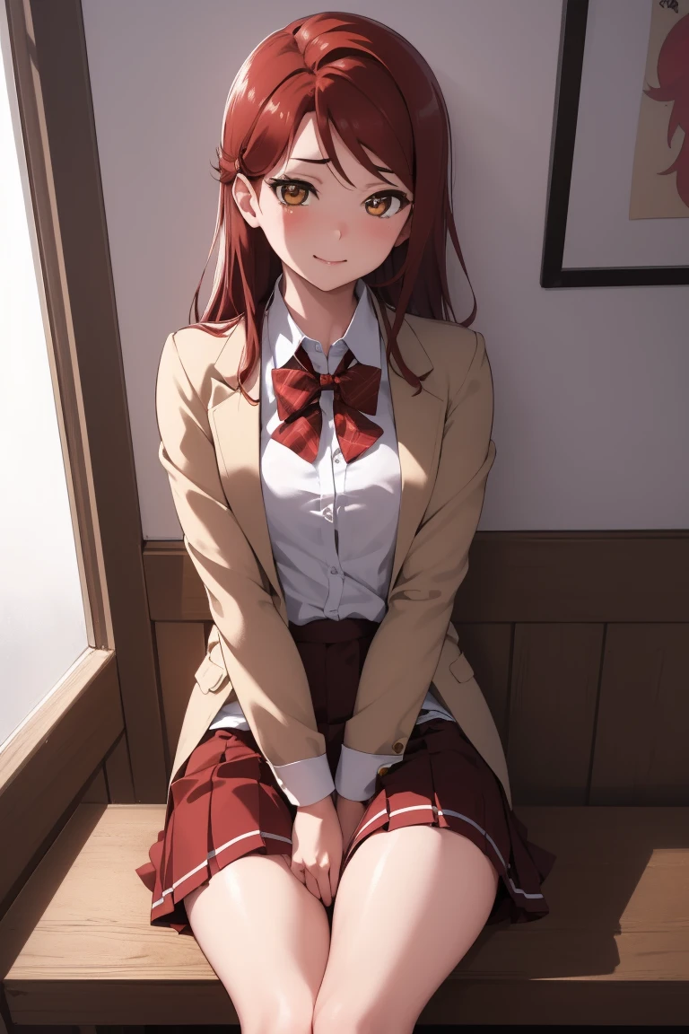 Rikosakurauchi, Riko Sakurauchi, (Brown eyes:1.5), hair between the eyes, by the wide, (Red hair:1.5), (Little mom:1.2), 
BREAK glasses, high advanced breeding , jacket de sport, red jacket de sport, bow, bowtie, collar shirt, jacket, long sleeves, pleated skirt, (((taking off her skirt: 1.33))), (((mostrando el Pussy, no panties))),  (((Pussy))), orgasm, sad smile rest looking at viewer, sitting,(from below:1.2), (Leaning forward:1.2), ((open legs: 1.4))
break inside, classroom, 
BREAK (masterpiece:1.2), Best Quality, High resolution, unity wallpaper 8k, NSFW,(illustration:0.8), (beautiful detailed eyes:1.6), extremely detailed face, perfect lighting, Extremely detailed CG, (perfect hands, perfect anatomy),