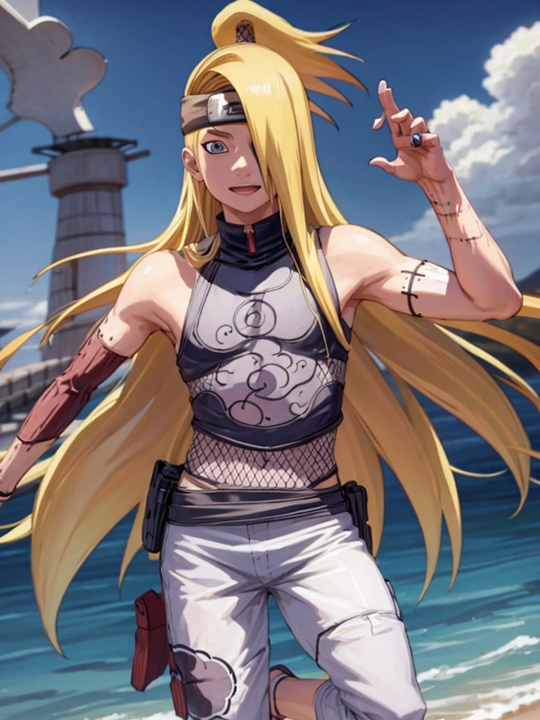 Deidara. women. 19 years. blonde. Long hair. blue eyes. Long left side fringe. sexy, Beach clothes.