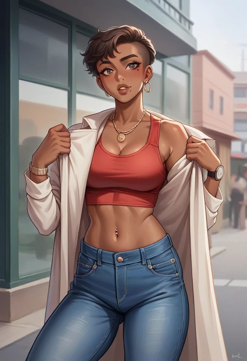 (8k, Best Quality, masterpiece:1,2), (realist, photo-realist:1,37), top quality, masterpiece, A pretty woman. urban style. The style of Latin women., dark skin with a mole near the chin, pretty eyes, by the wide, straight, negro, He wears a watch on his left hand and has a piercing in his navel., wear dark red top and jeans