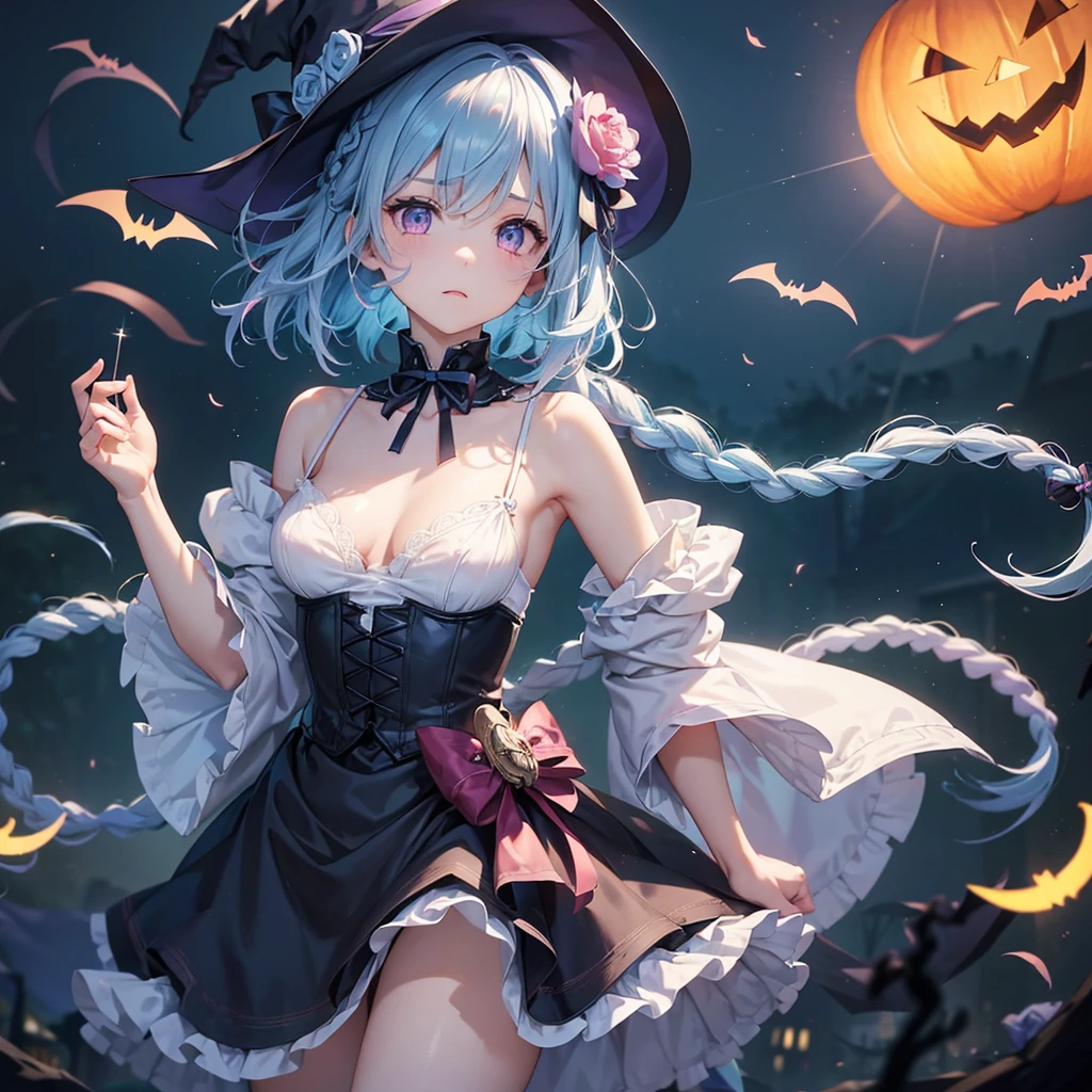 (Light blue medium hair:1.2),(Braided hair:1.2)、Pink eyes、Fair skin、cowboy shot、Halloween、The background is a pumpkin ghost、Crescent Moon、Trick or Treat、A lot of sweets、witch、Halloween night、Candy、many bat、Condescending expression、solo、(masterpiece、Highest quality、Very detailed、Best Shadow)、(Detailed Background)、(Beautifully detailed face)、High contrast、(Best lighting、Very delicate and beautiful)、(Cinematic Light)、colorful、Hyper Detail、Dramatic Light、Exquisite detail、