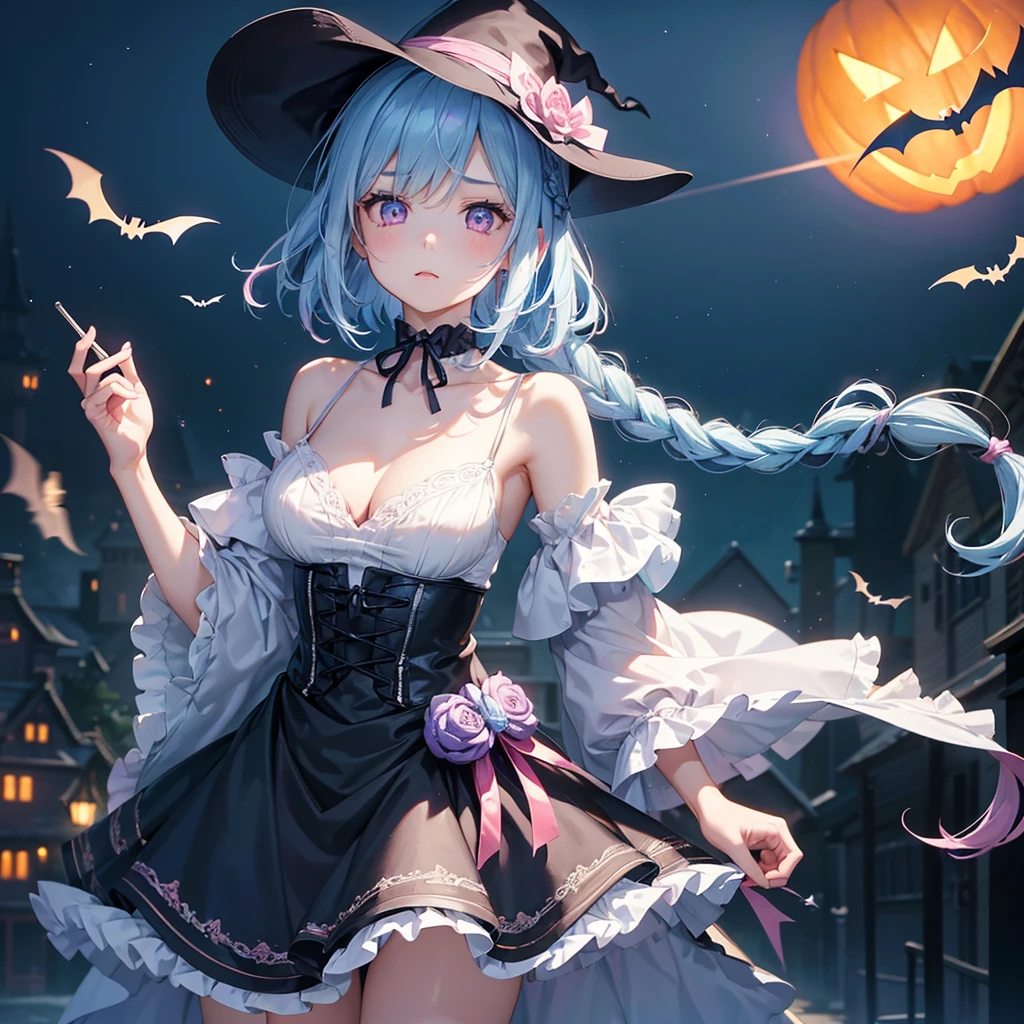 (Light blue medium hair:1.2),(Braided hair:1.2)、Pink eyes、Fair skin、cowboy shot、Halloween、The background is a pumpkin ghost、Crescent Moon、Trick or Treat、A lot of sweets、witch、Halloween night、Candy、many bat、Condescending expression、solo、(masterpiece、Highest quality、Very detailed、Best Shadow)、(Detailed Background)、(Beautifully detailed face)、High contrast、(Best lighting、Very delicate and beautiful)、(Cinematic Light)、colorful、Hyper Detail、Dramatic Light、Exquisite detail、
