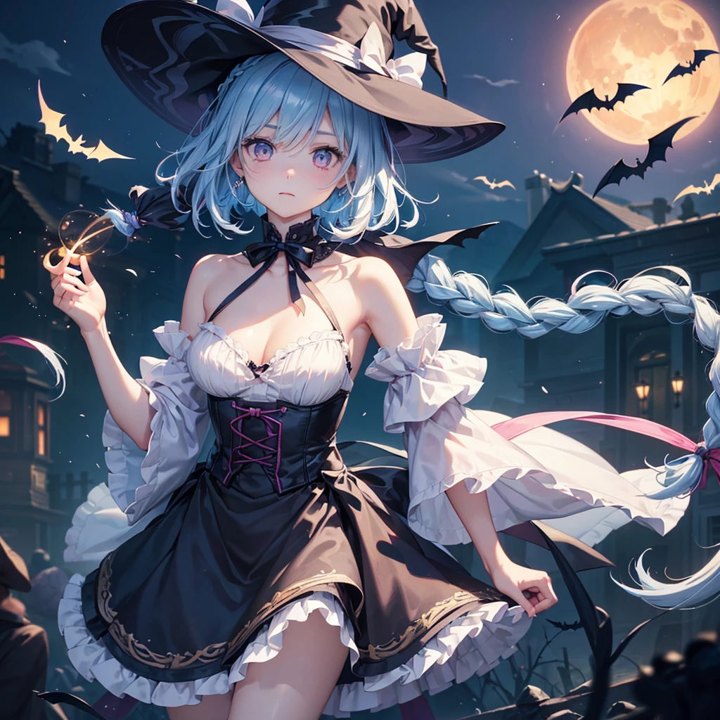 (Light blue medium hair:1.2),(Braided hair:1.2)、Pink eyes、Fair skin、cowboy shot、Halloween、The background is a pumpkin ghost、Crescent Moon、Trick or Treat、A lot of sweets、witch、Halloween night、Candy、many bat、Condescending expression、solo、(masterpiece、Highest quality、Very detailed、Best Shadow)、(Detailed Background)、(Beautifully detailed face)、High contrast、(Best lighting、Very delicate and beautiful)、(Cinematic Light)、colorful、Hyper Detail、Dramatic Light、Exquisite detail、