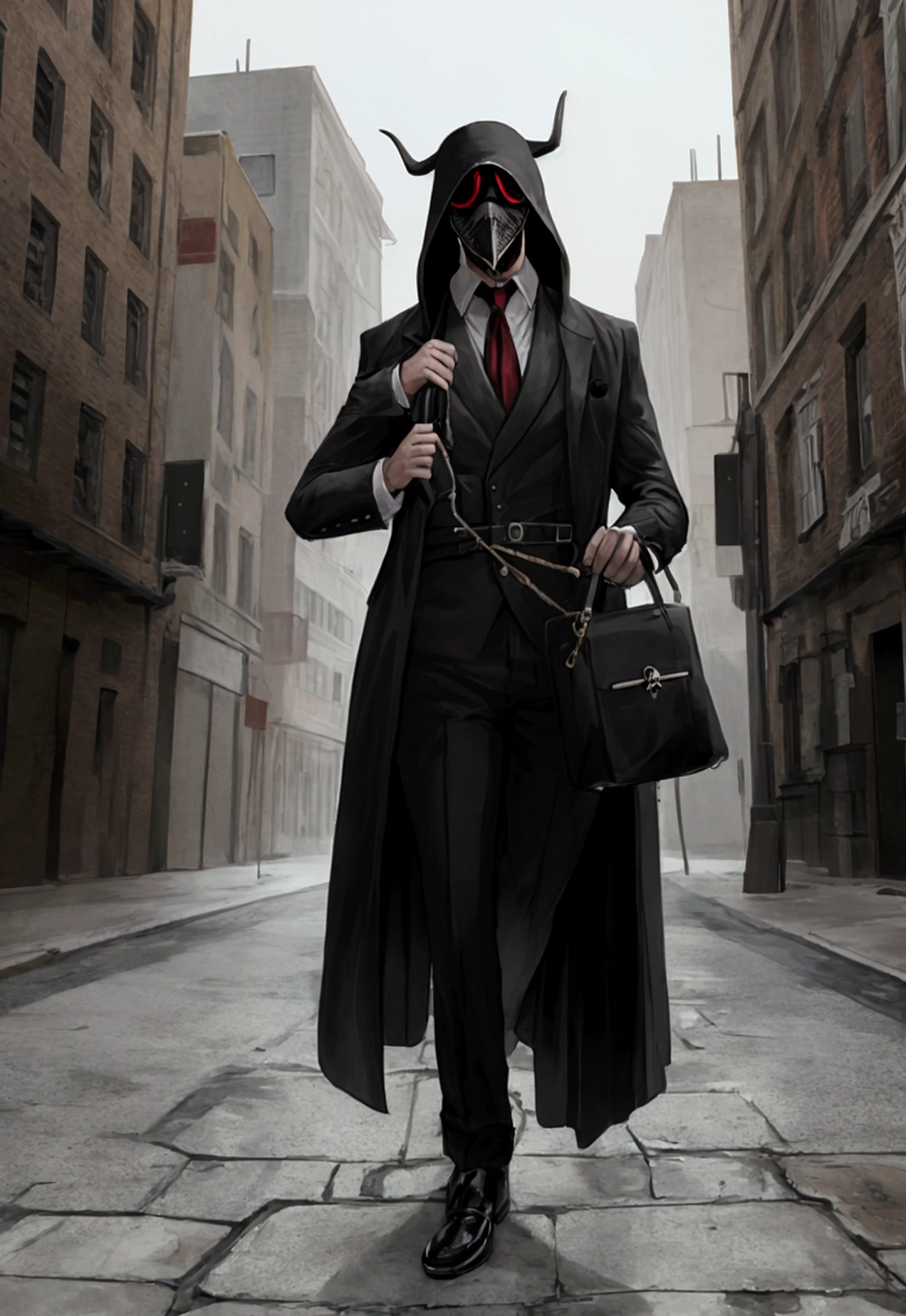 A man dressed as a bubonic plague doctor touring a desolate city with bodies everywhere