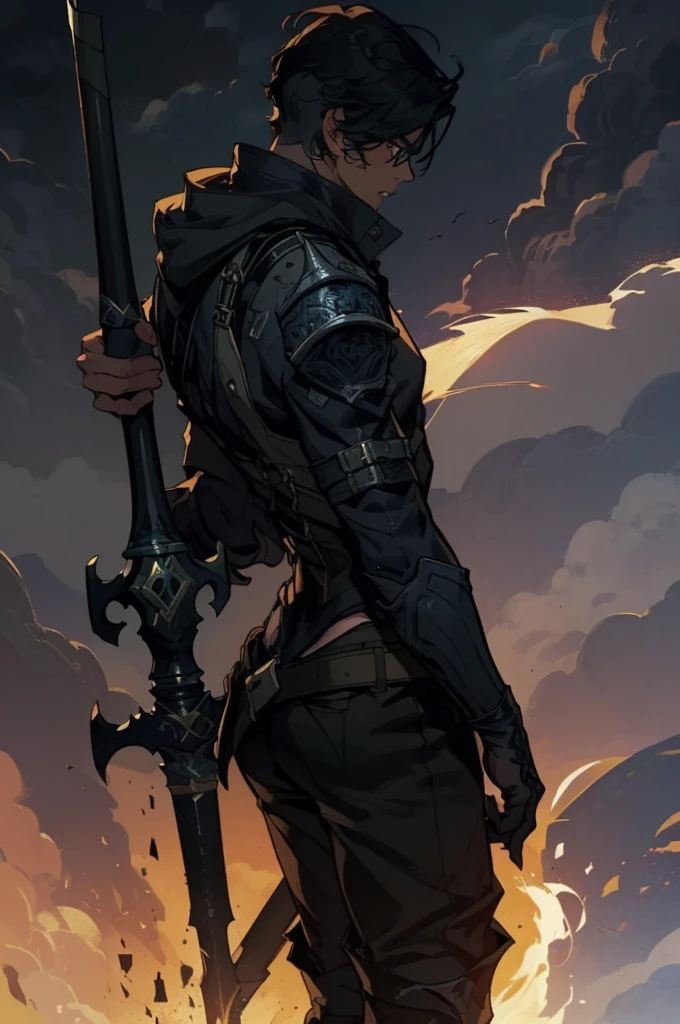 (absurdities, High Resolutions, ultra detailed, HDR), Masterpiece, The best quality, final fantasy xvi, clive rosfield, 1man only, handsome, short hair, black hair, vibrant blue eyes, fine eyes and detailed face, (((fire, llamas, To his back)) armor, ((Intricate weapon)). Final Fantasy, clive rosfield,, abs, badass pose, Anime boy with hands on head, Beautiful anime pose, Anime hombre handsome, anime male character, Badass Anime 8K, Detailed anime character art, HDR Anime MacManus Anime Concept, anime boy, Ikuto Yamashita, CG anime soft art, manga wallpaper 4k, inspired by Yamagata Hiro, anime wallaper
