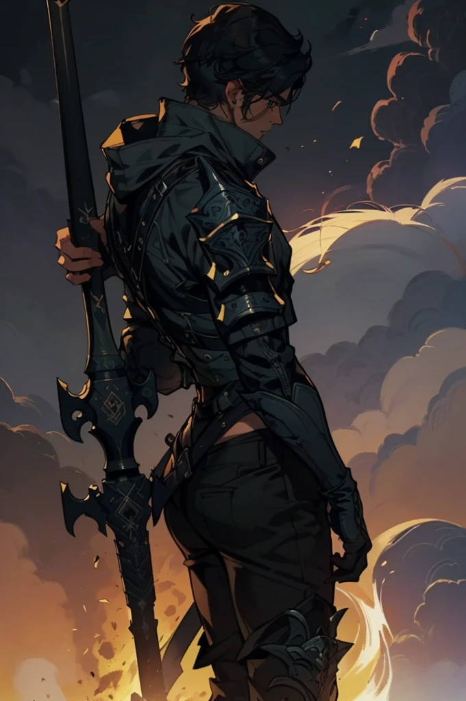 (absurdities, High Resolutions, ultra detailed, HDR), Masterpiece, The best quality, final fantasy xvi, clive rosfield, 1man only, handsome, short hair, black hair, vibrant blue eyes, fine eyes and detailed face, (((fire, llamas, To his back)) armor, ((Intricate weapon)). Final Fantasy, clive rosfield,, abs, badass pose, Anime boy with hands on head, Beautiful anime pose, Anime hombre handsome, anime male character, Badass Anime 8K, Detailed anime character art, HDR Anime MacManus Anime Concept, anime boy, Ikuto Yamashita, CG anime soft art, manga wallpaper 4k, inspired by Yamagata Hiro, anime wallaper