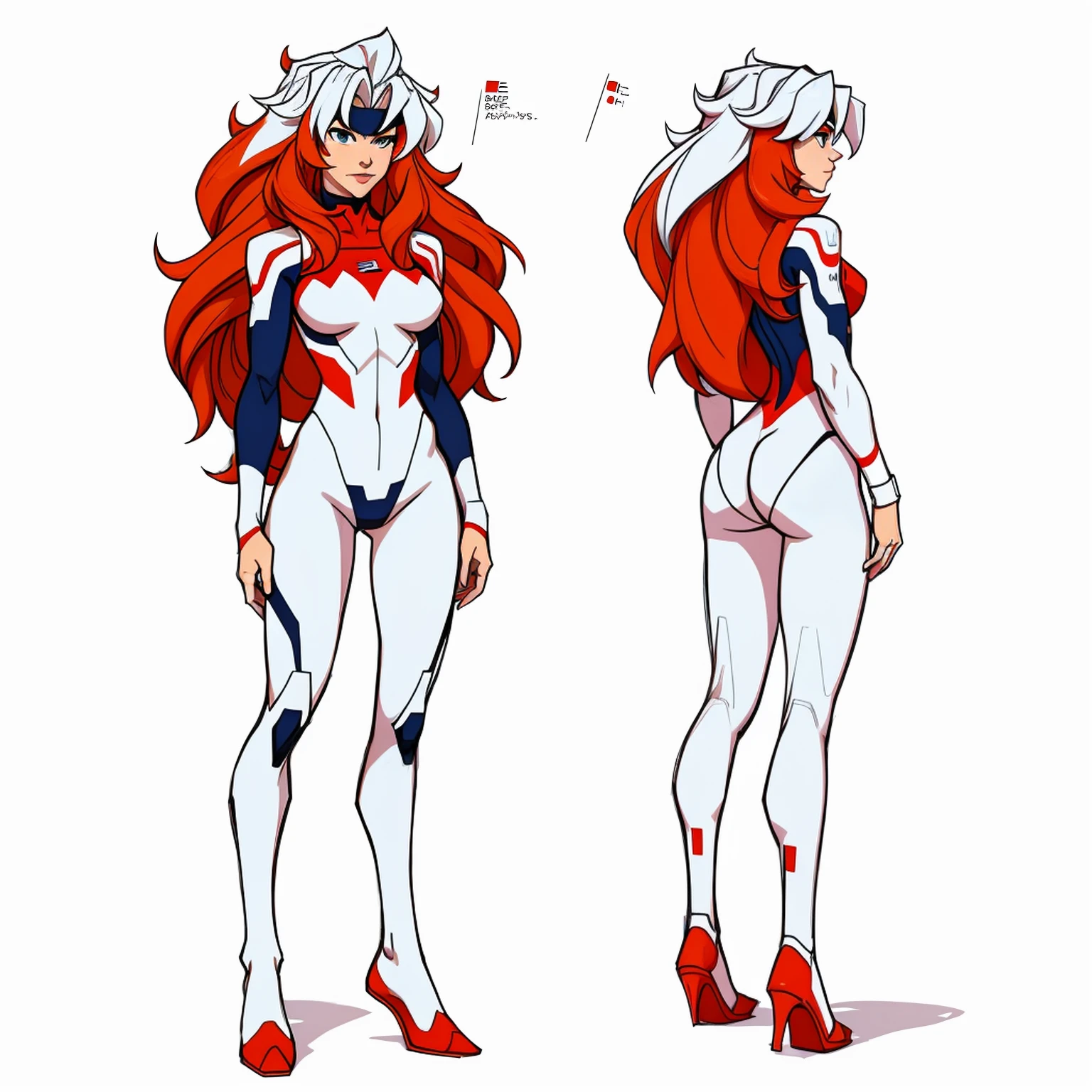 (((full body photo))), red blue and white color, femboy wearing a lightly armoured body suit, sci-fi themes, chest armour, gundam, best quality, arte oficial, Sketch line diagram, eye blue, front view, back view, and side view of character, long hair