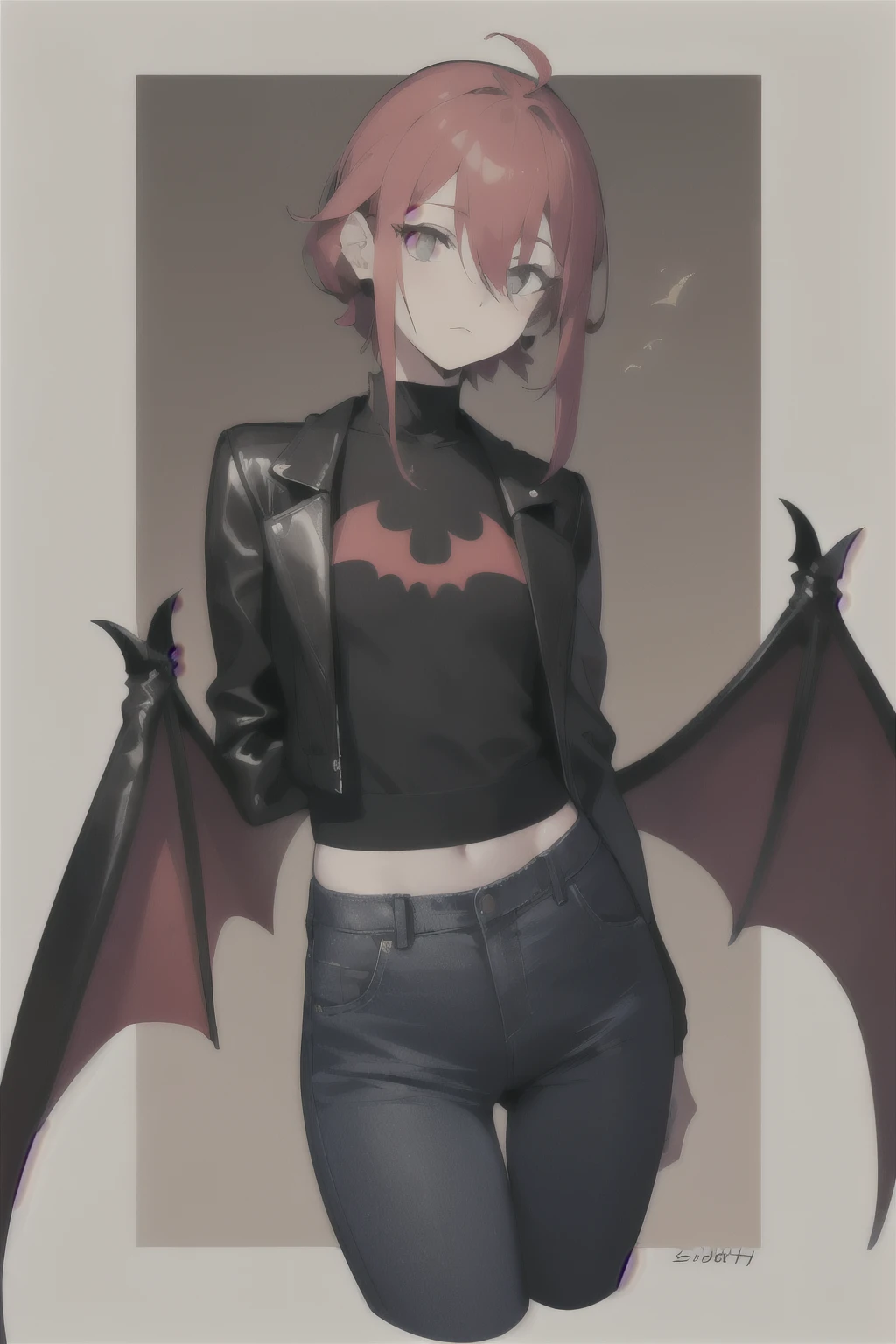 work of art, high qualiy,1 girl,standing alone,Medium chest , shorth hair, (hair between the eyes),(00BFFE pixie corte), bat wings, Disappointed face,(Embroidered sweater, Cropped flare jeans, leather blazer)