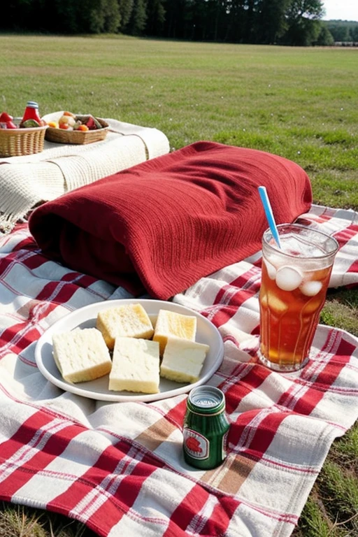 A blanket on a picnic field with soda and scraps 