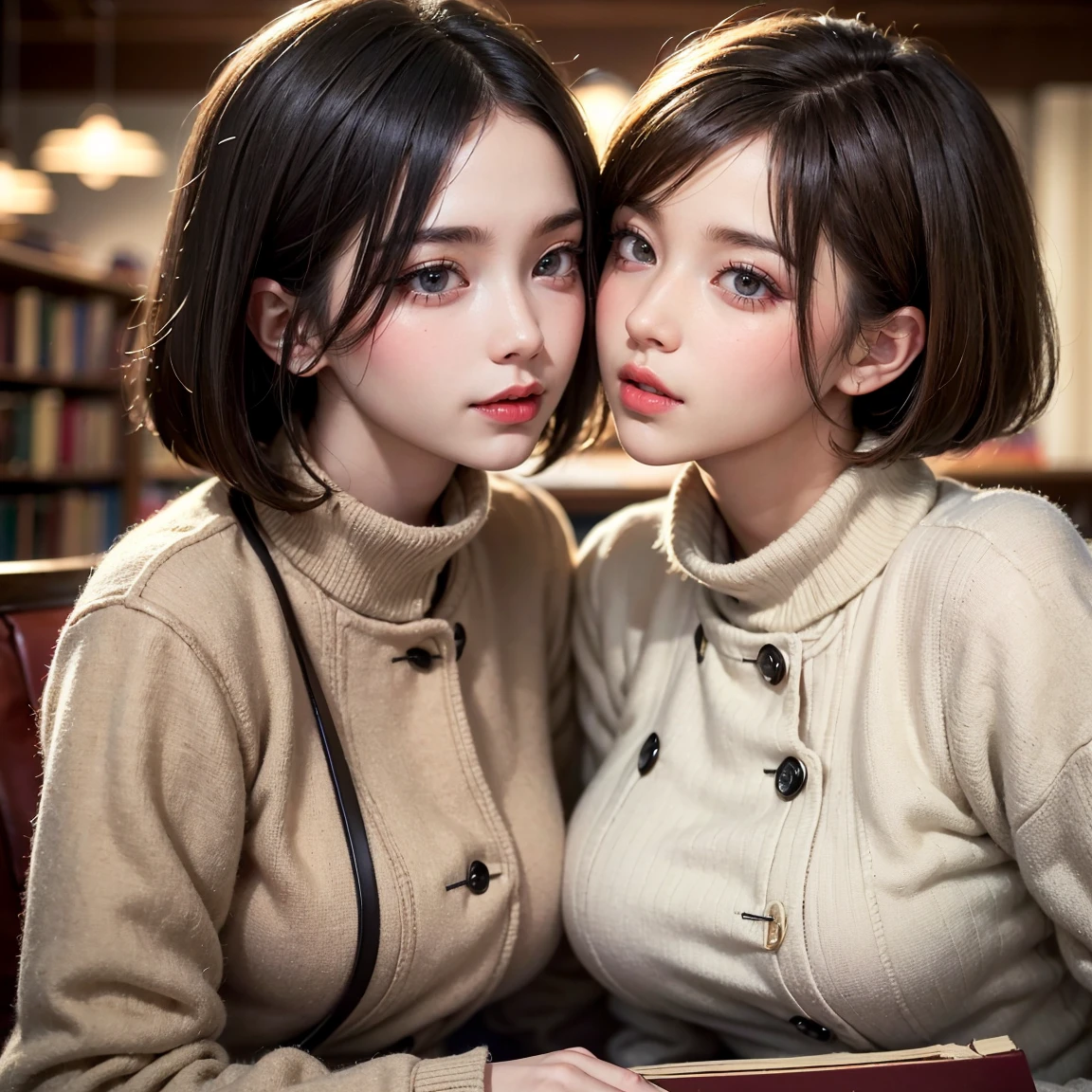 (UHD, retina, masterpiece, accurate, anatomically correct, textured skin, super detail, high details, high quality, best quality, high res, 1080P, HD, 4K, 8k, 16k), (beautiful detailed eyes, beautiful detailed lips, extremely detailed eyes and face), studio lighting, physically-based rendering, vivid colors, (large breasts, glamorous body), (beige trench coat, turtleneck sweater), (portrait, bob cut, shiny hair, shiny skin, blush), (cafe and bookstore, bokeh), eye reflection, (two stunning girls are deeply in love with each other, kiss:1.2)