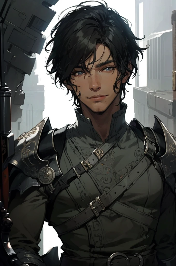 (absurdities, High Resolutions, ultra detailed, HDR), Masterpiece, The best quality, final fantasy xvi, clive rosfield, 1man only, handsome, short hair, black hair, vibrant blue eyes, fine eyes and detailed face, armor, ((Intricate weapon)), Sitting on the throne, legs open, affected smile, annoying.