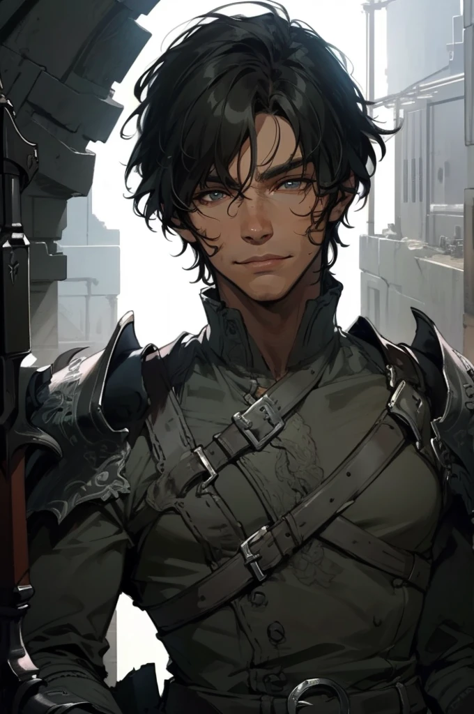 (absurdities, High Resolutions, ultra detailed, HDR), Masterpiece, The best quality, final fantasy xvi, clive rosfield, 1man only, handsome, short hair, black hair, vibrant blue eyes, fine eyes and detailed face, armor, ((Intricate weapon)), Sitting on the throne, legs open, affected smile, annoying.
