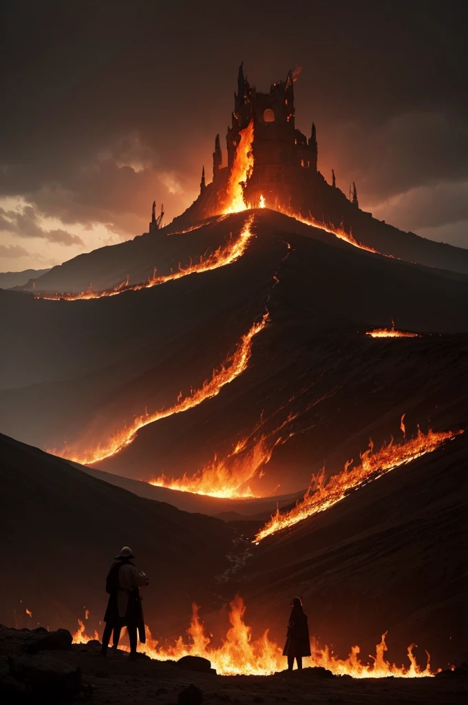 Representation of Biblical Hell:A gloomy landscape with fire and darkness, where human figures are seen 