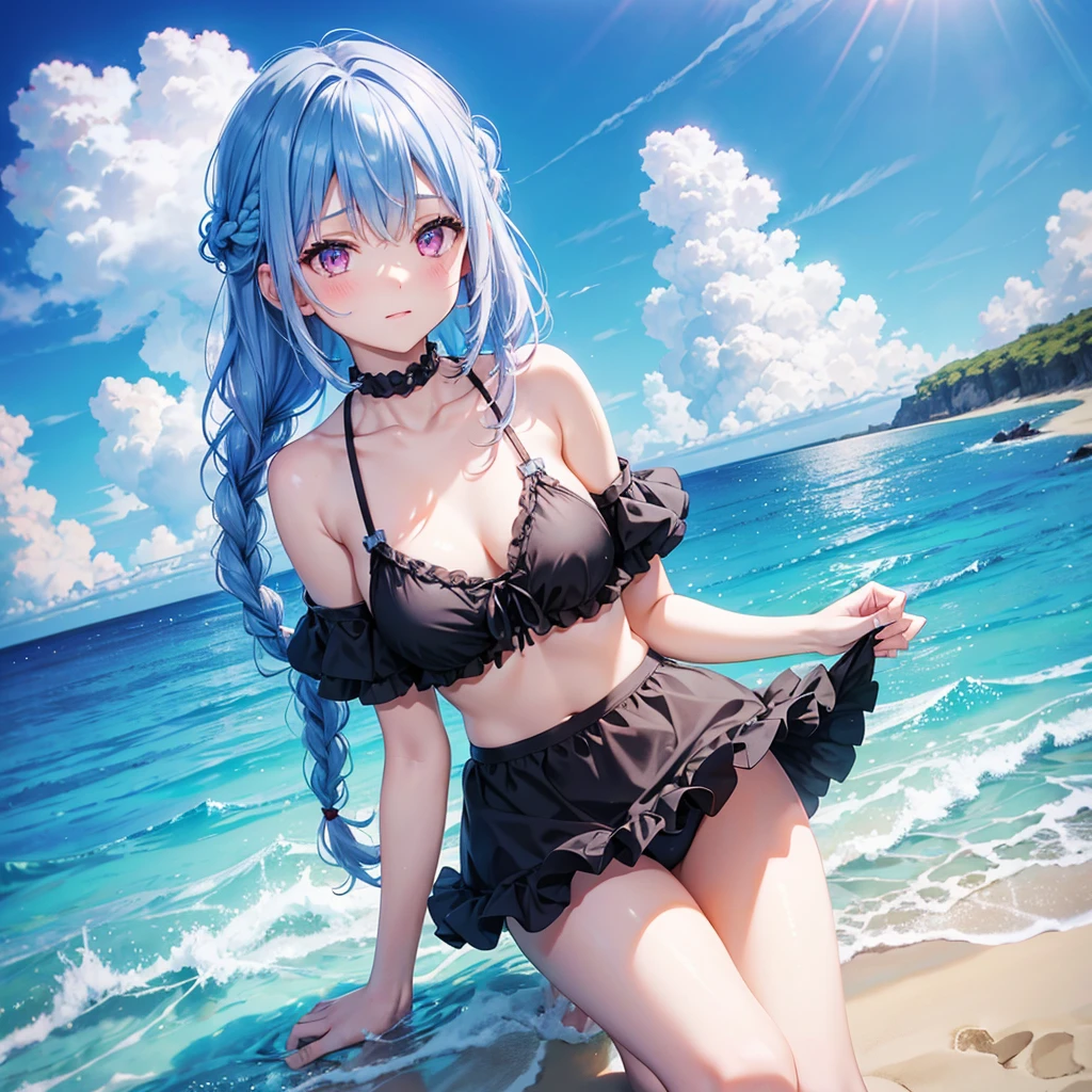 (Sky Blue Medium Hair),(Braided Hair)、Pink Eyes、Fair skin、(whole body)、(One Girl)、Black ruffled swimsuit、Shining white sand beach in midsummer、Okinawa&#39;Ocean、Big smile、、(masterpiece、Highest quality、Very detailed、Best Shadow)、(Detailed Background)、(Beautifully detailed face)、High Contrast、(Best lighting、Very delicate and beautiful)、((Cinematic Light))、colorful、Hyper Detail、Dramatic Light、Exquisite detail、