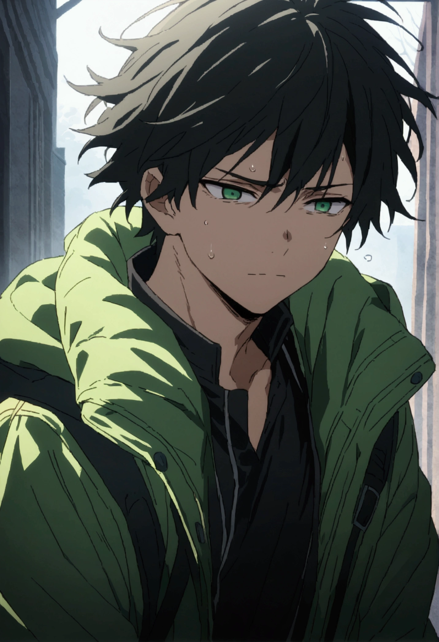 4k imagem, best possible image quality, He is a 17 year old ager, He has slightly disheveled very black hair..., somewhat light green eyes, , muscular body , sexy face, wearing a cold jacket , sad face