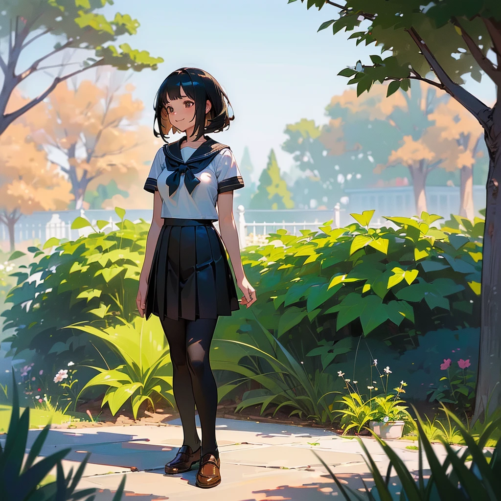 (Highest quality, High resolution, Super detailed, Realistic:1.37), Peaceful atmosphere, (Outdoor, garden), age girl standing alone,(my breasts are big.),Beautifully detailed features, Cute Smile, ((Black bob hair)),Short-sleeved sailor uniform, Pleated skirt,Black tights,Brown leather shoes.