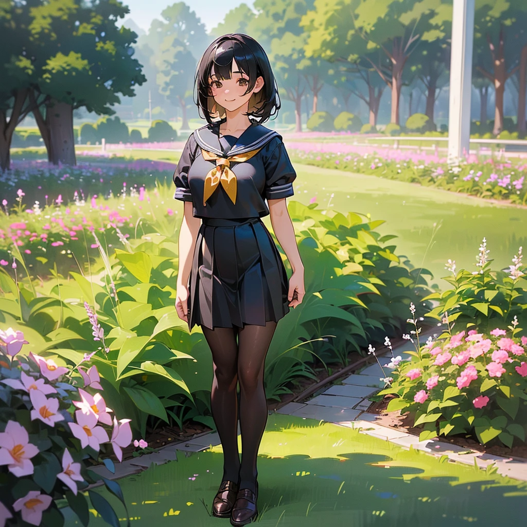 (Highest quality, High resolution, Super detailed, Realistic:1.37), Peaceful atmosphere, (Outdoor, garden), Teenage girl standing alone,(my breasts are big.),Beautifully detailed features, Cute Smile, ((Black bob hair)),Short-sleeved sailor uniform, Pleated skirt,Black tights,Brown leather shoes.