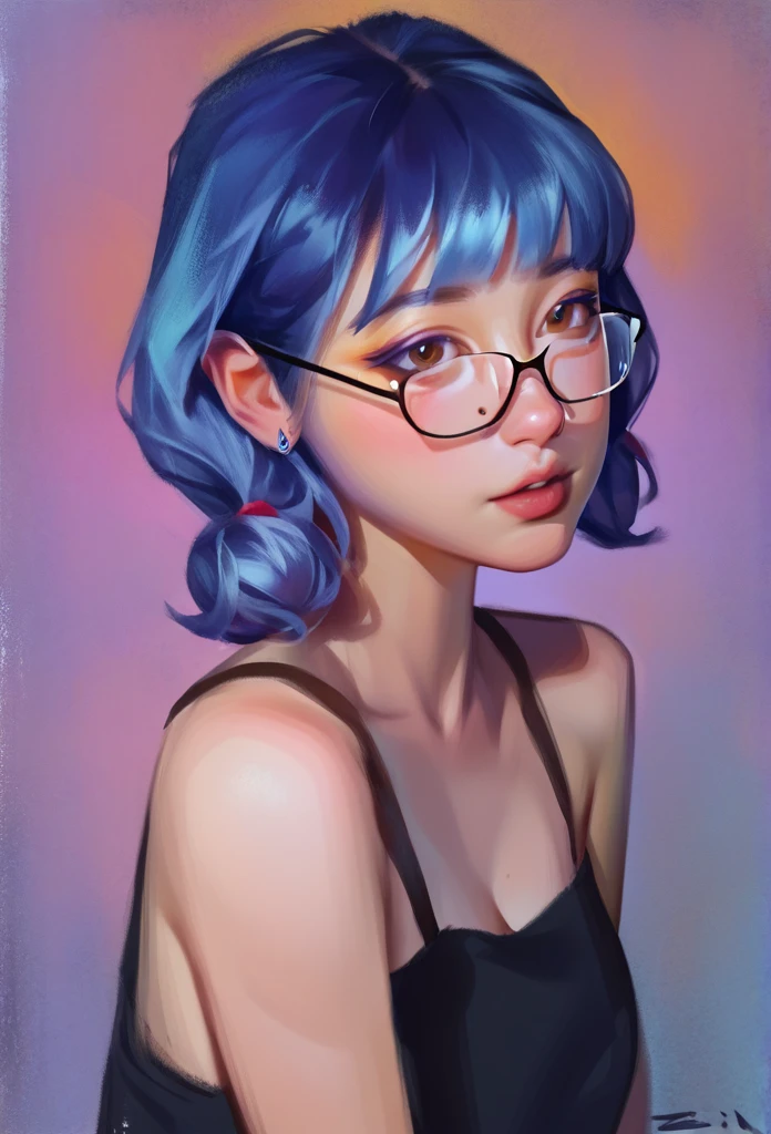 smudgy, traditional art, liu2, brush texture, score_9, score_8_up, score_7_up, score_6_up, score_5_up, score_4_up, BREAK 1girl, Anime girl with blue hair and bangs with glasses with beautiful tanned skin looking at the camera anime girl, pale skin, detailed background, detailed face shot (masterpiece, high quality:1),