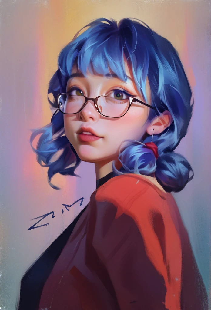 smudgy, traditional art, liu2, brush texture, score_9, score_8_up, score_7_up, score_6_up, score_5_up, score_4_up, BREAK 1girl, Anime girl with blue hair and bangs with glasses with beautiful tanned skin looking at the camera anime girl, pale skin, detailed background, detailed face shot (masterpiece, high quality:1),