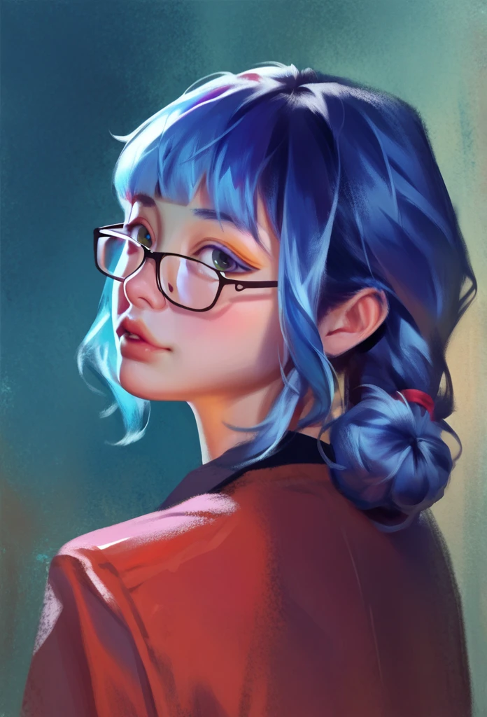 smudgy, traditional art, liu2, brush texture, score_9, score_8_up, score_7_up, score_6_up, score_5_up, score_4_up, BREAK 1girl, Anime girl with blue hair and bangs with glasses with beautiful tanned skin looking at the camera anime girl, pale skin, detailed background, detailed face shot (masterpiece, high quality:1),